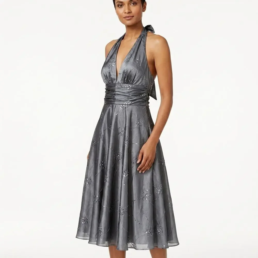 Adrianna Papell Boutique Gray A-Line Midi Dress Women Size 8